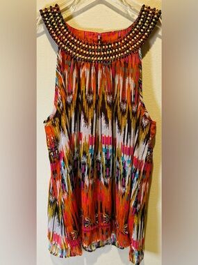 Adiva Orange Ikat Beaded Neckline Halter Tank Top Blse Boho Summer W Dopamine